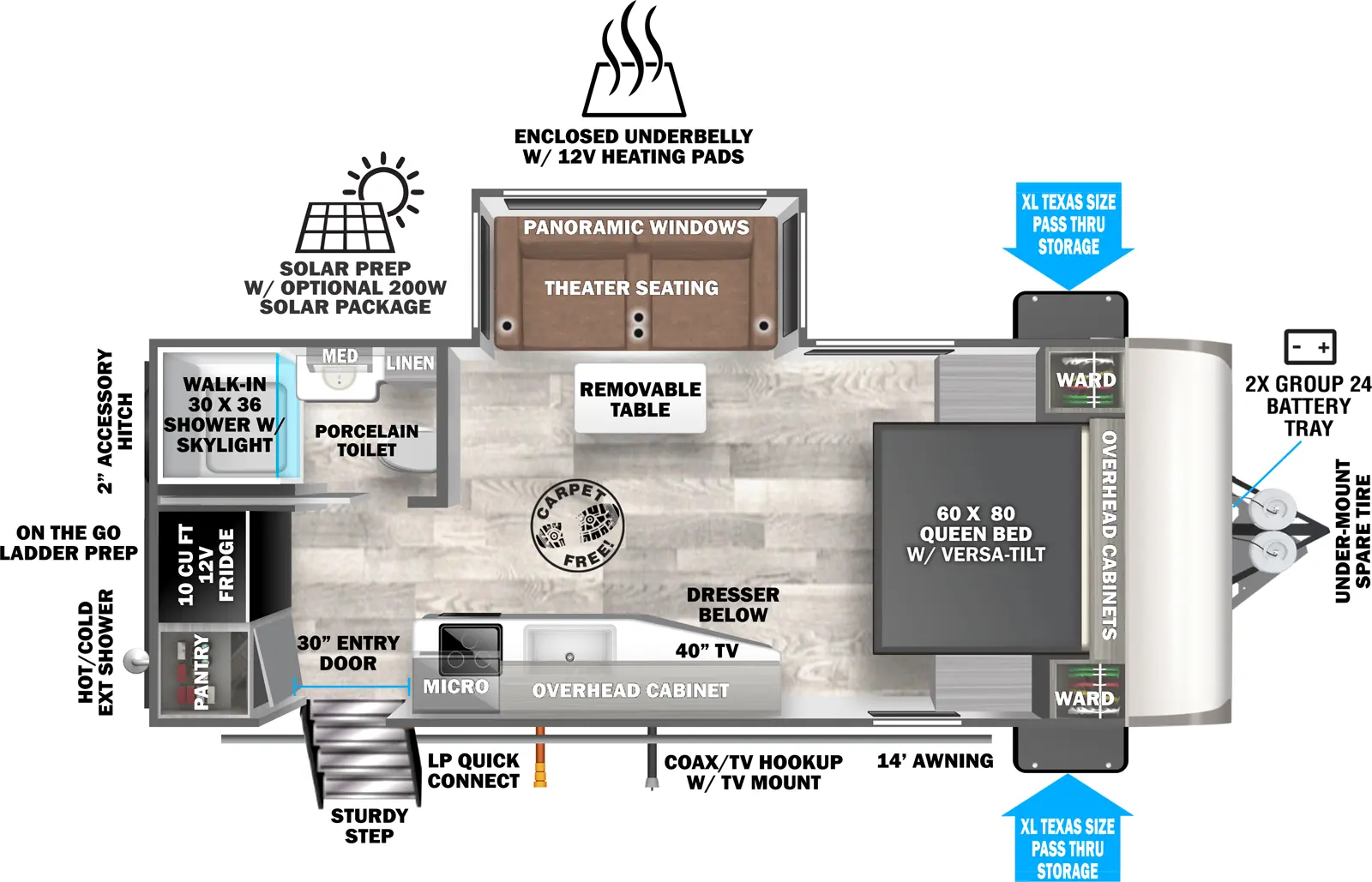 The Hemisphere Travel Trailers 19RBHL has one entry and one slide out. Exterior features include: fiberglass exterior and 14' awning. Interiors features include: front bedroom.